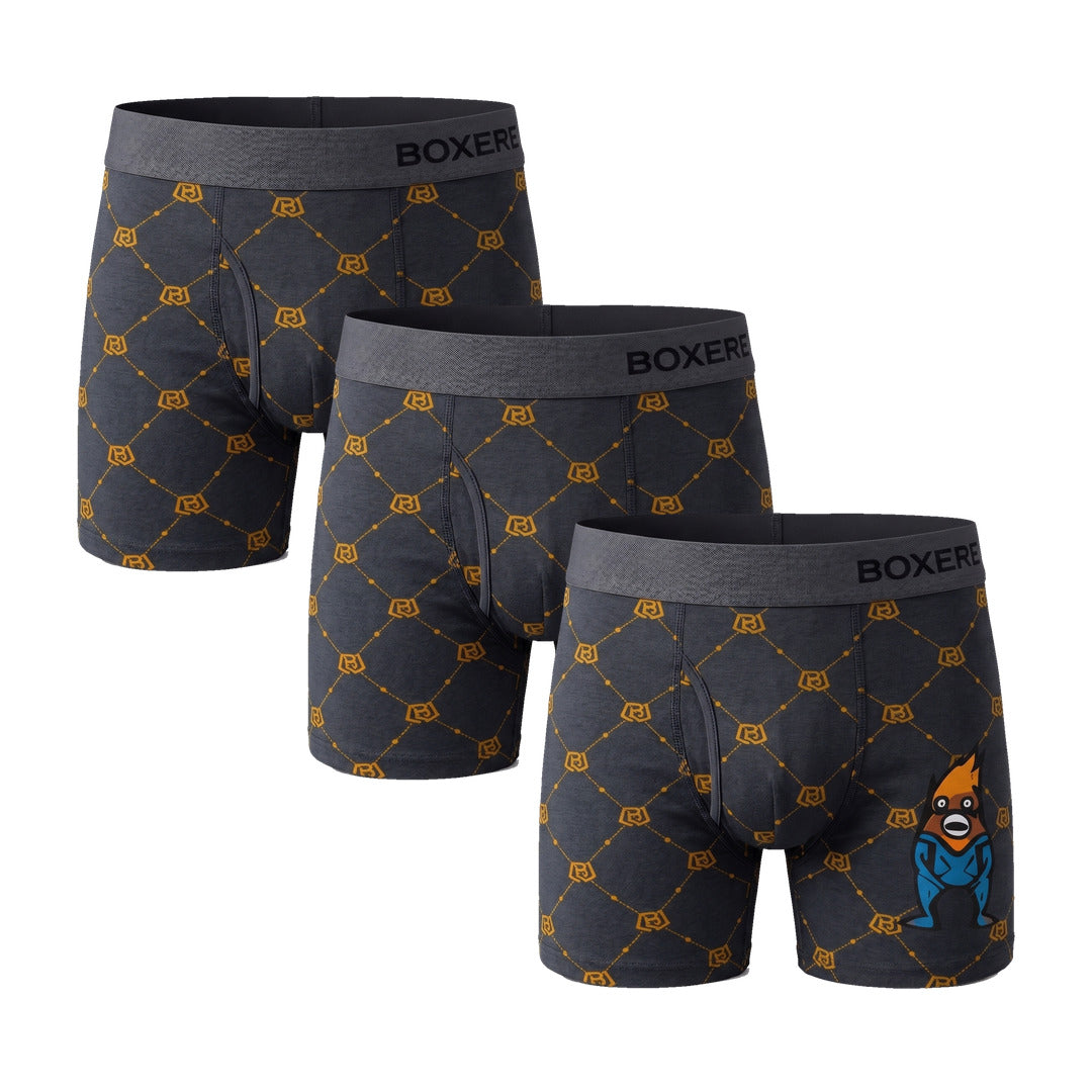 Boxere Limited Edition #0 three pack, three pairs of charcoal boxer briefs with gold monogram print