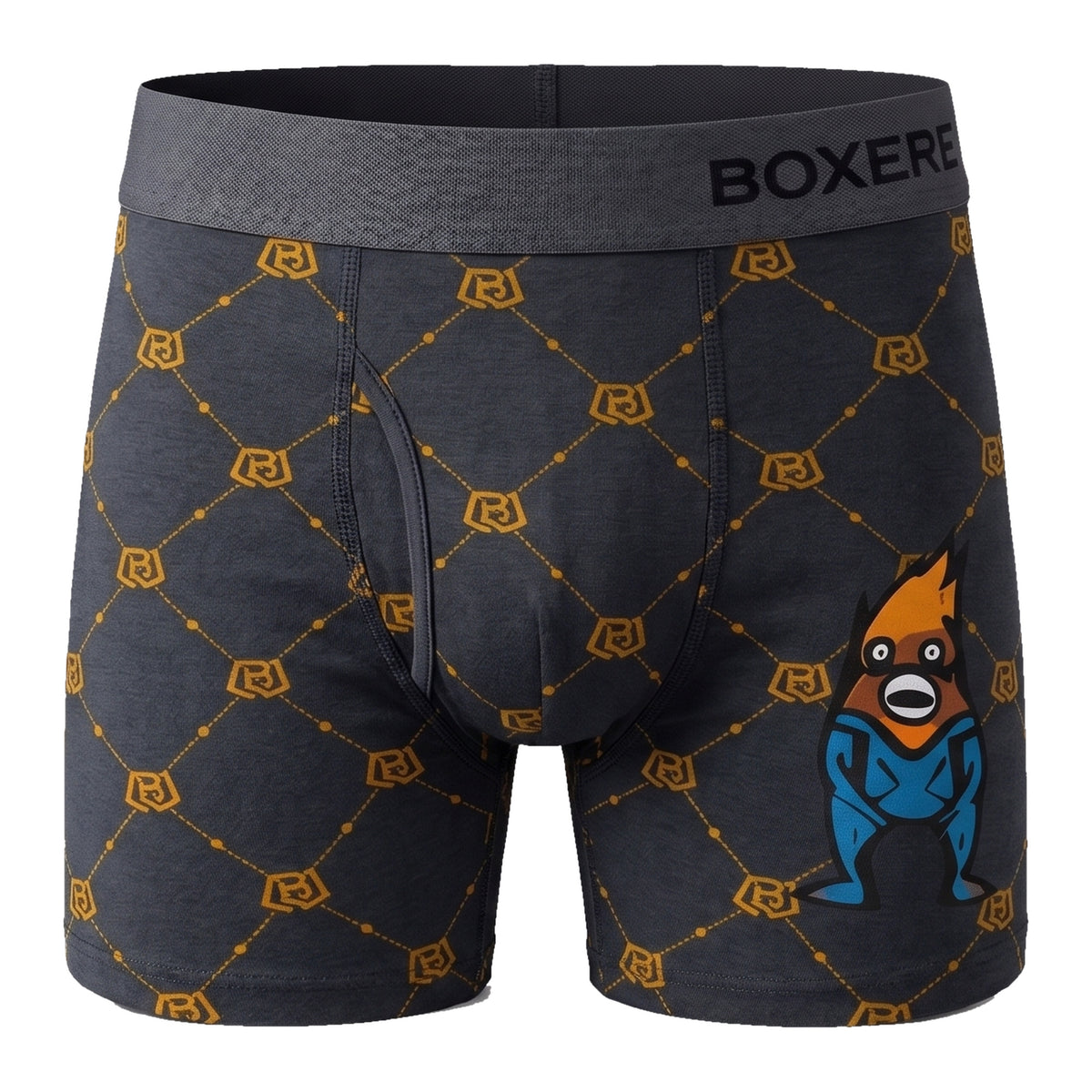 Boxere Limited Edition #0 boxer briefs in charcoal with gold monogram print, front view